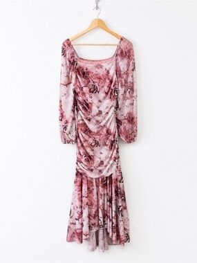 Rose Print Ruched Stretch Midi Dress - Romantic Coquette M